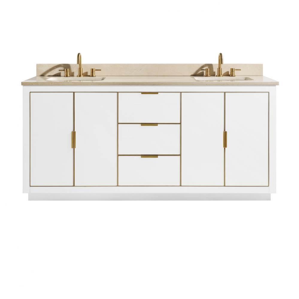 Avanity Austen 73 in. Vanity Combo in White with Gold Trim and Crema Marfil Marble Top