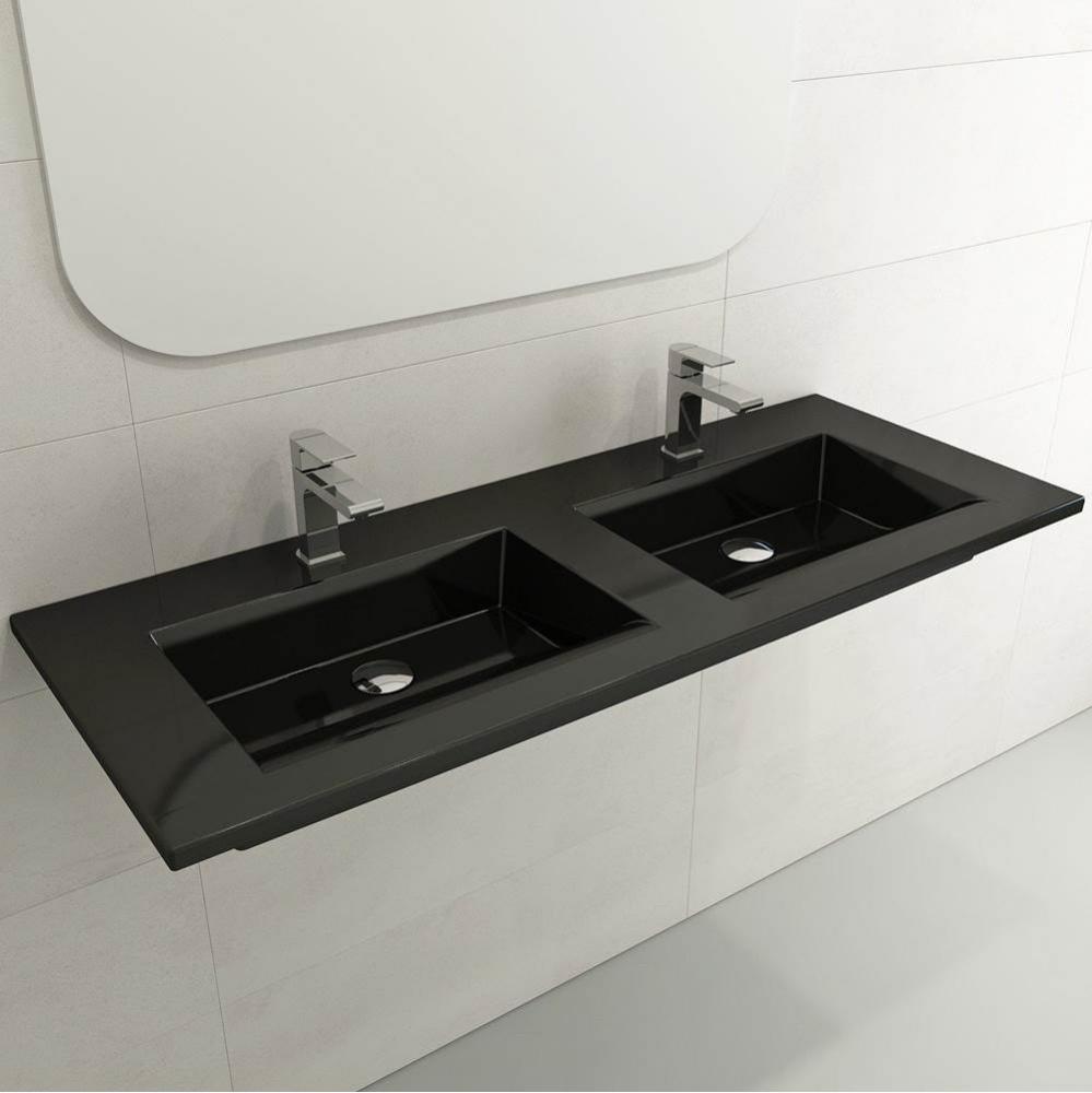 Ravenna Wall-Mounted Sink Fireclay 48 in. Double Bowl for Two 1-Hole Faucets with Overflows in Bla