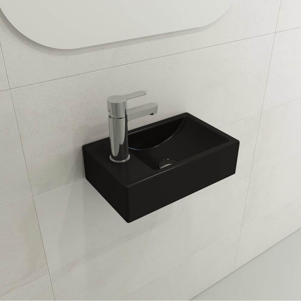 Milano Wall-Mounted Sink Fireclay 14.5 in. 1-hole Right Side Faucet Deck with Overflow in Matte Bl
