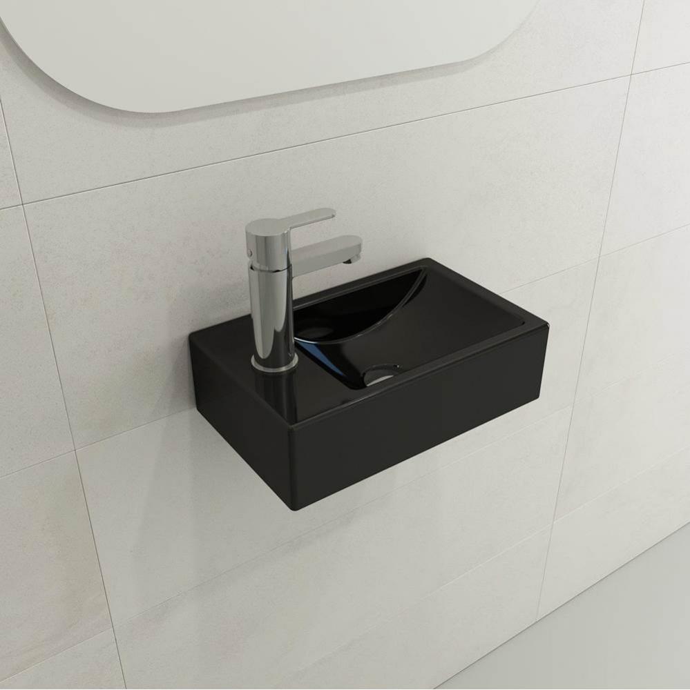 Milano Wall-Mounted Sink Fireclay 14.5 in. 1-hole Right Side Faucet Deck with Overflow in Black