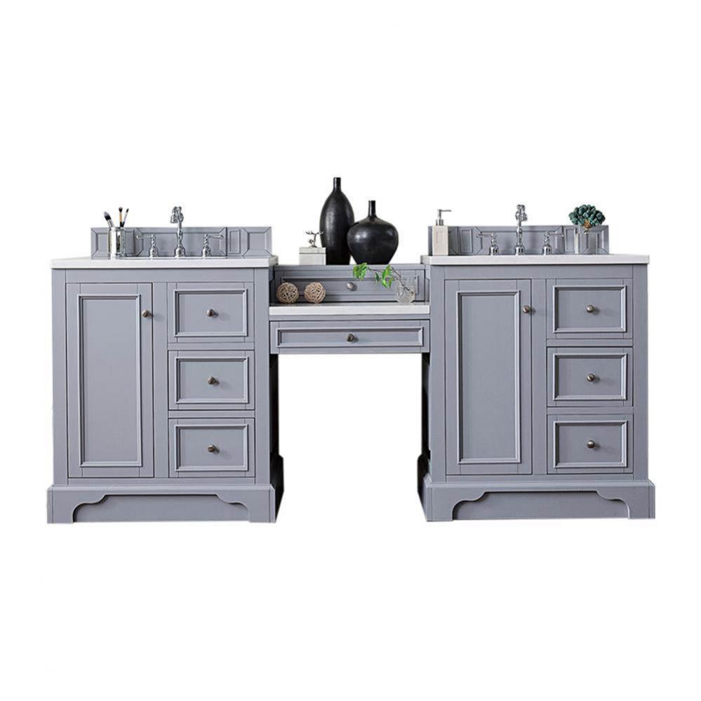 De Soto 82&apos;&apos; Double Vanity Set, Silver Gray w/ Makeup Table, 3 CM Classic White Quartz T