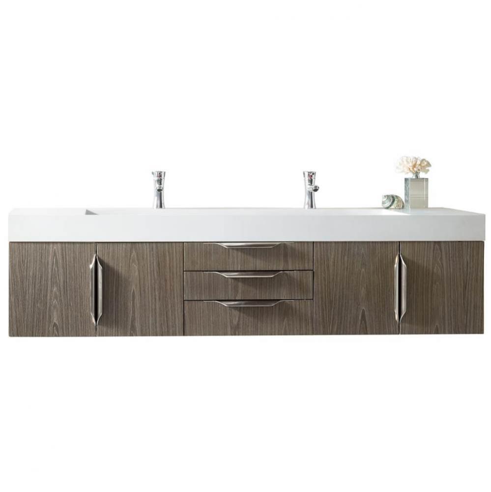 Columbia 72&apos;&apos; Double Wall Mount Vanity, Ash Gray, Brushed Nickel w/ Glossy White Composi