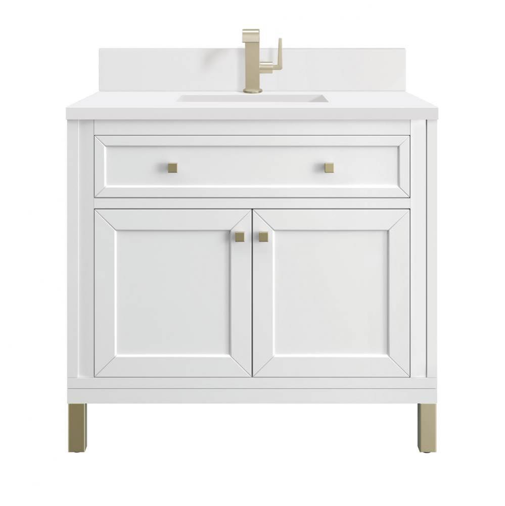 Chicago 36&apos;&apos; Single Vanity, Glossy White, w/ Single Hole 3CM White Zeus Silestone&#xae;