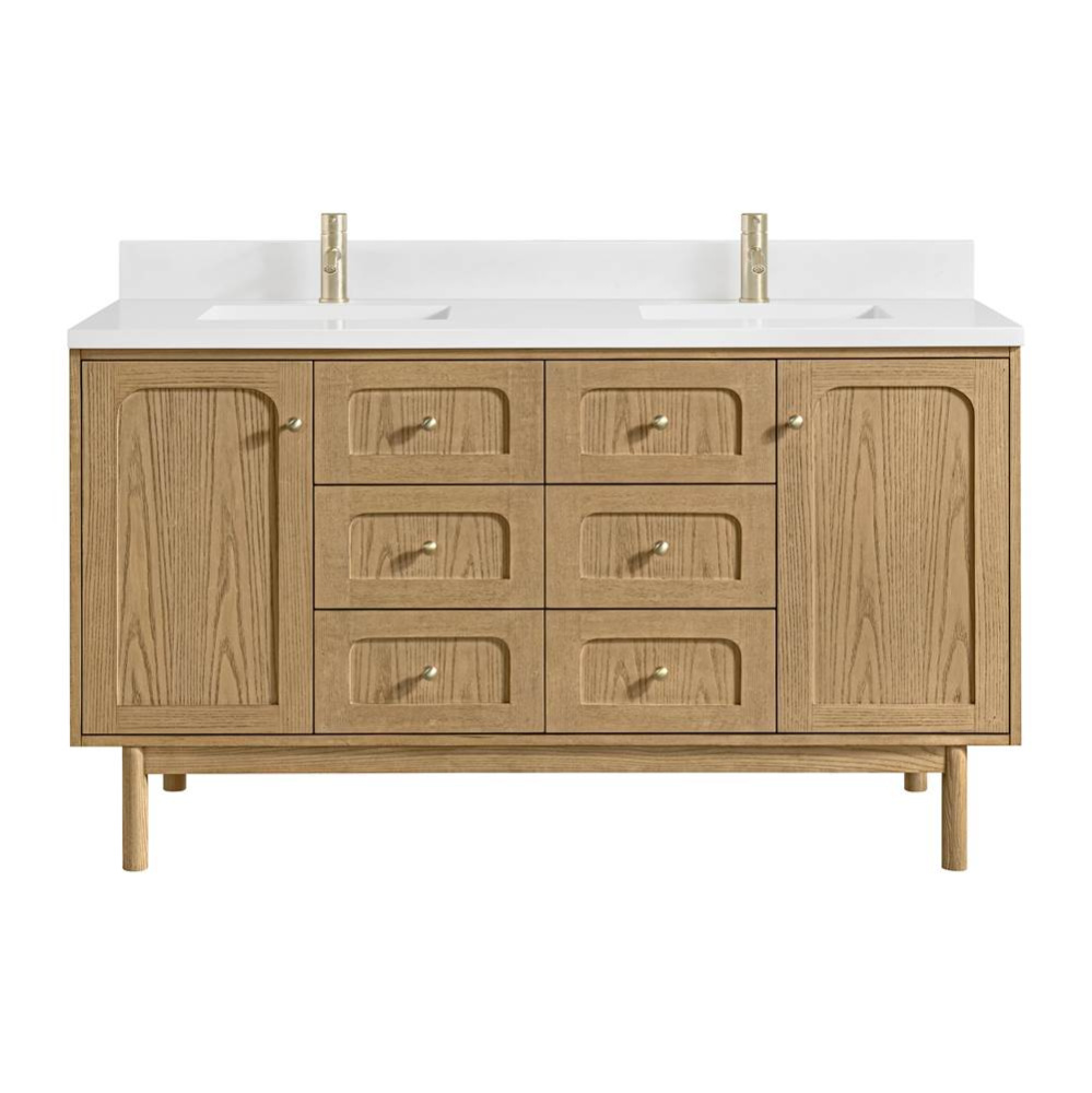 Laurent 60&apos;&apos; Double Vanity, Light Natural Oak, w/ Single Hole 3 CM White Zeus Quartz Top