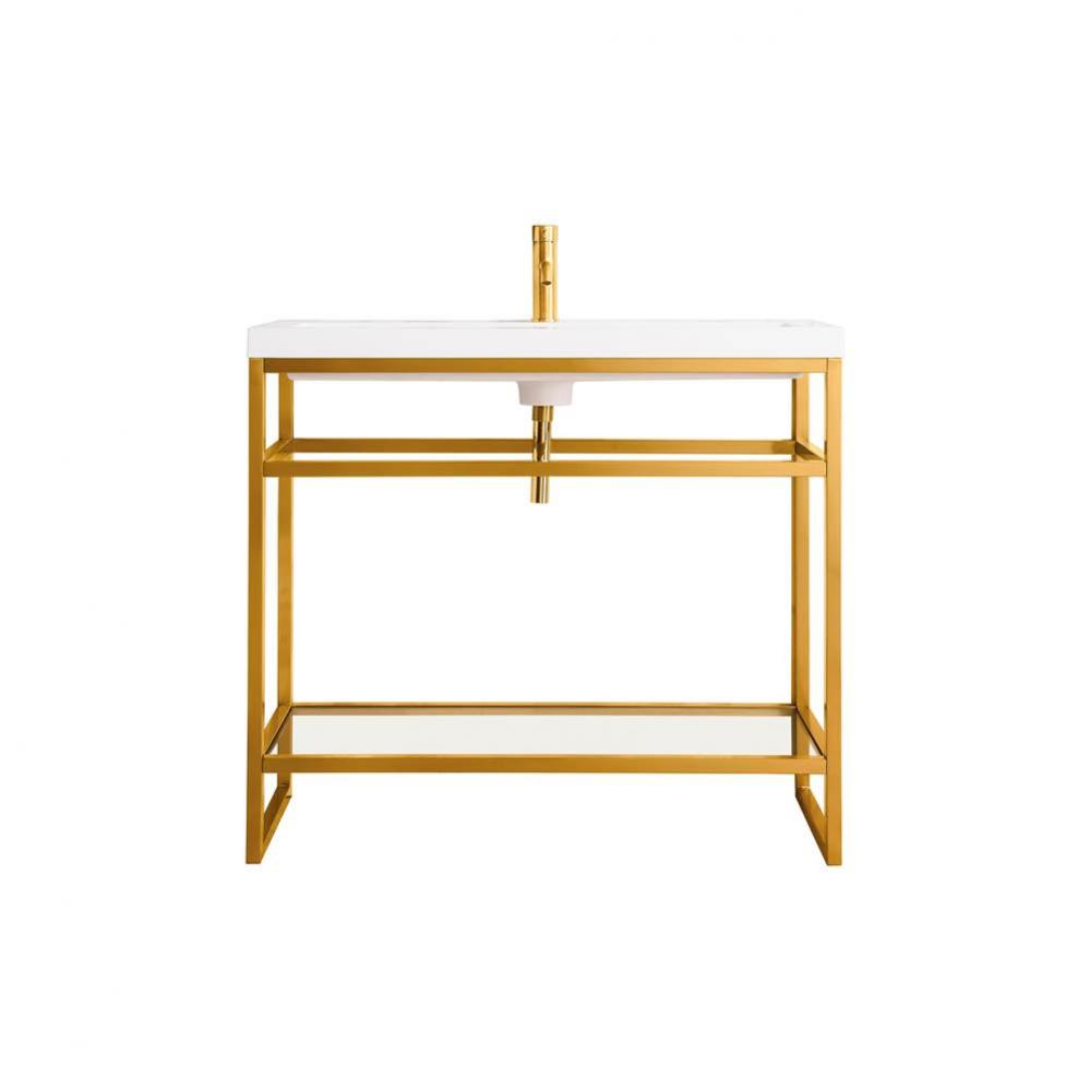 Boston 39.5&apos;&apos; Stainless Steel Sink Console, Radiant Gold w/ White Glossy Composite Count