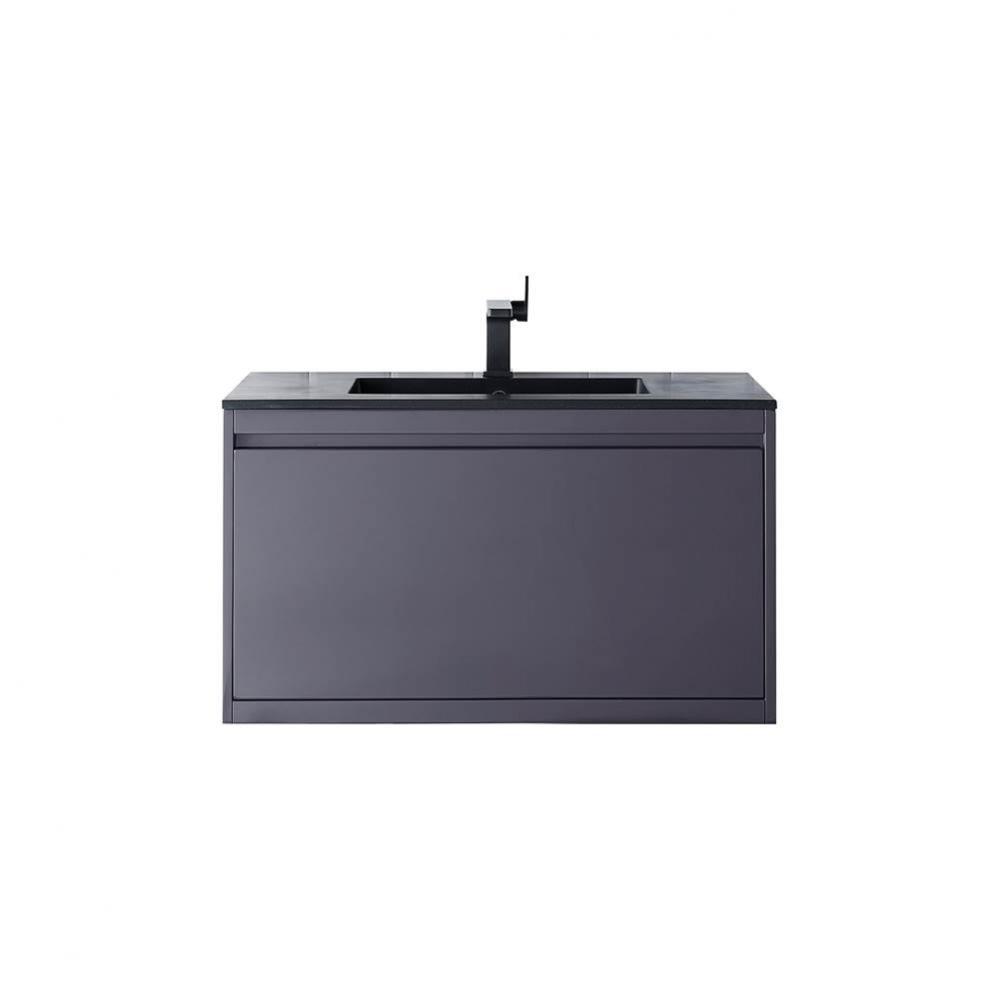 Milan 35.4&apos;&apos; Single Vanity Cabinet, Modern Grey Glossy w/Charcoal Black Composite Top
