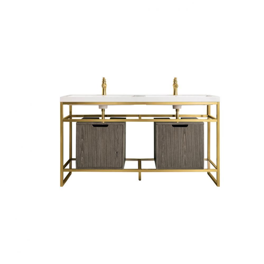 Boston 63&apos;&apos; Stainless Steel Sink Console (Double Basins), Radiant Gold w/ Ash Gray Stora