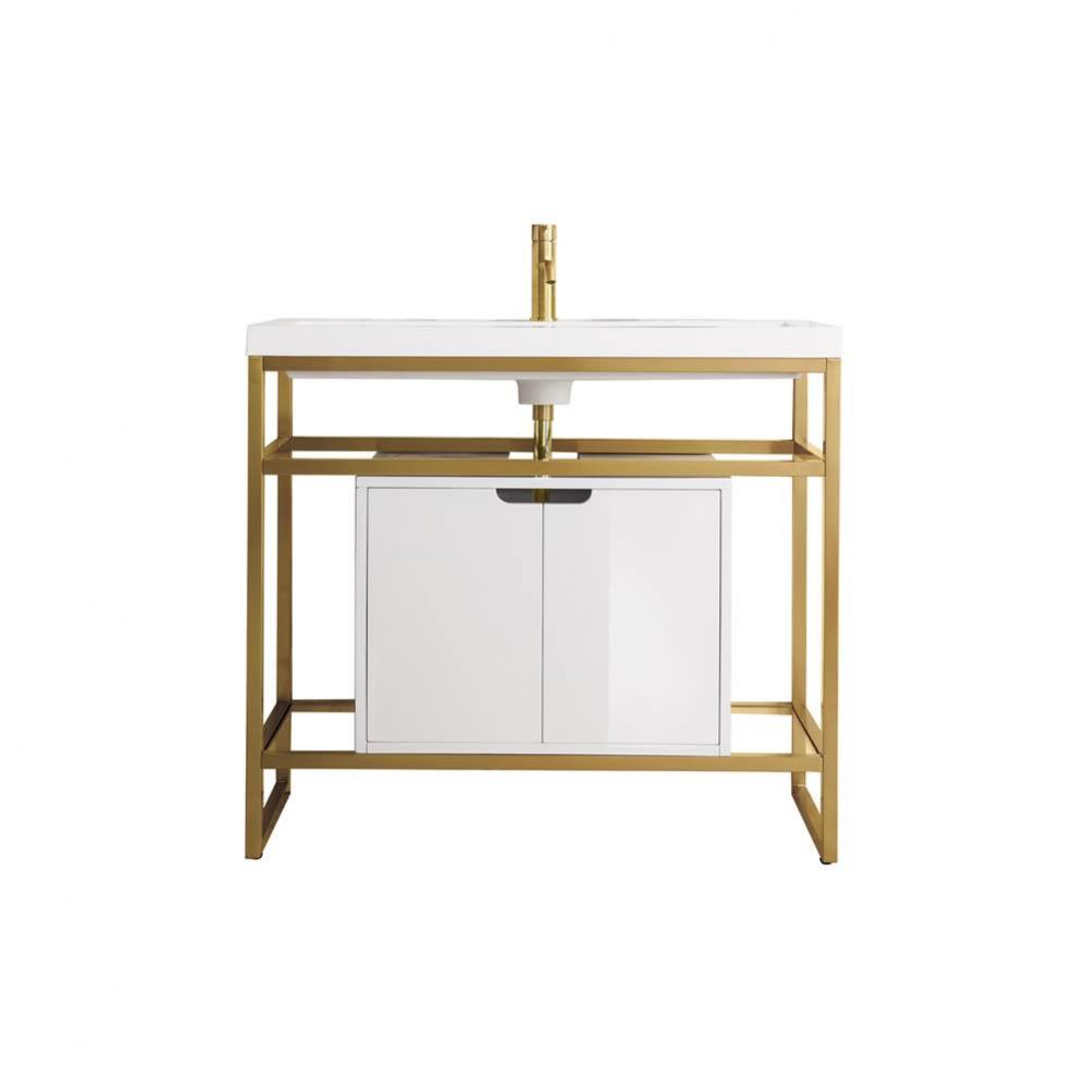 Boston 39.5&apos;&apos; Stainless Steel Sink Console, Radiant Gold w/ Glossy White Storage Cabinet