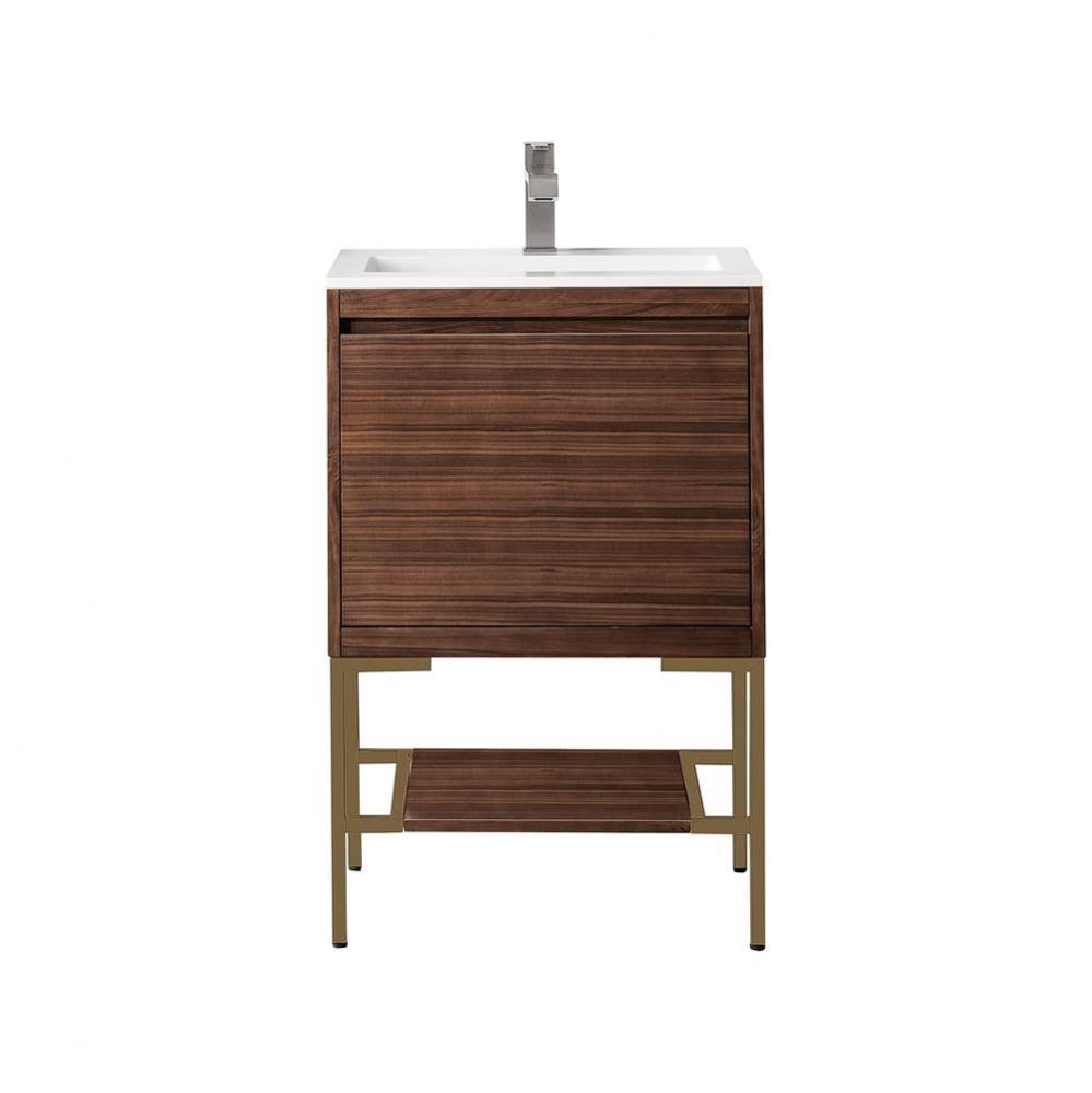 Milan 23.6&apos;&apos; Single Vanity Cabinet, Mid Century Walnut, Radiant Gold w/Glossy White Comp