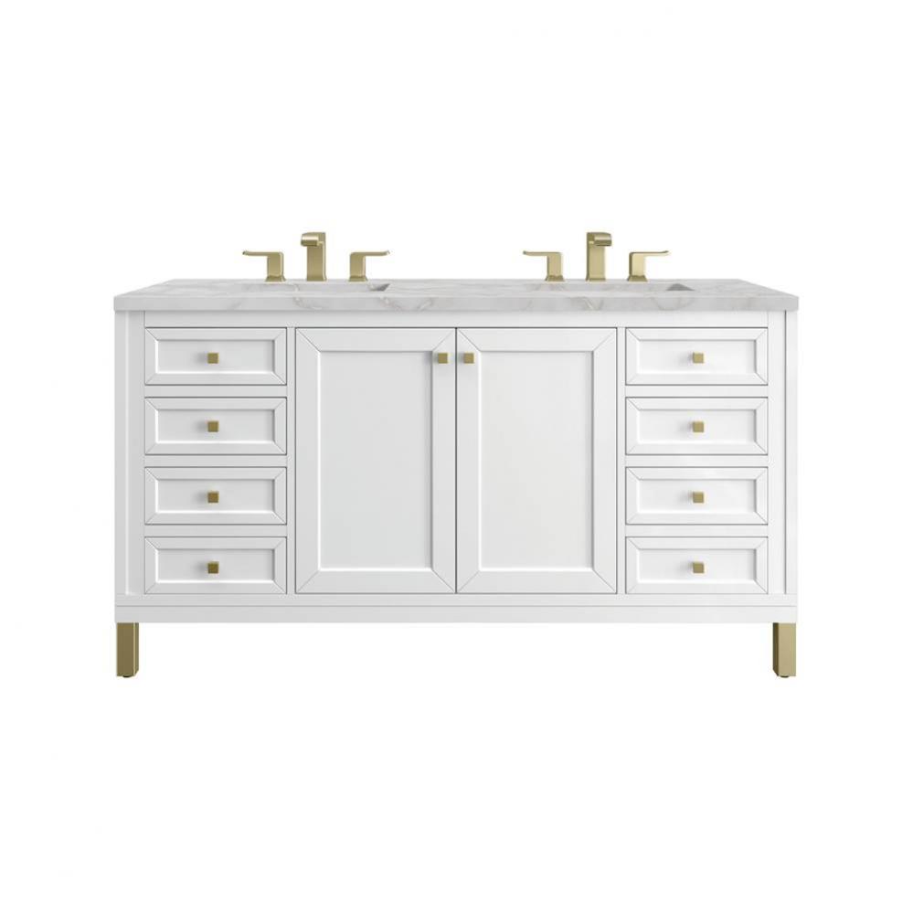 Chicago 60&apos;&apos; Double Vanity, Glossy White, w/ 3 CM Victorian Silver Silestone&#xae; Top