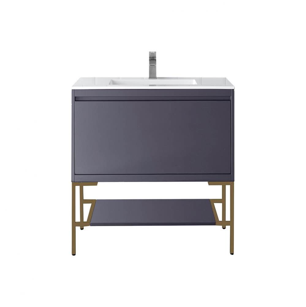 Milan 35.4&apos;&apos; Single Vanity Cabinet, Modern Grey Glossy, Radiant Gold w/Glossy White Comp