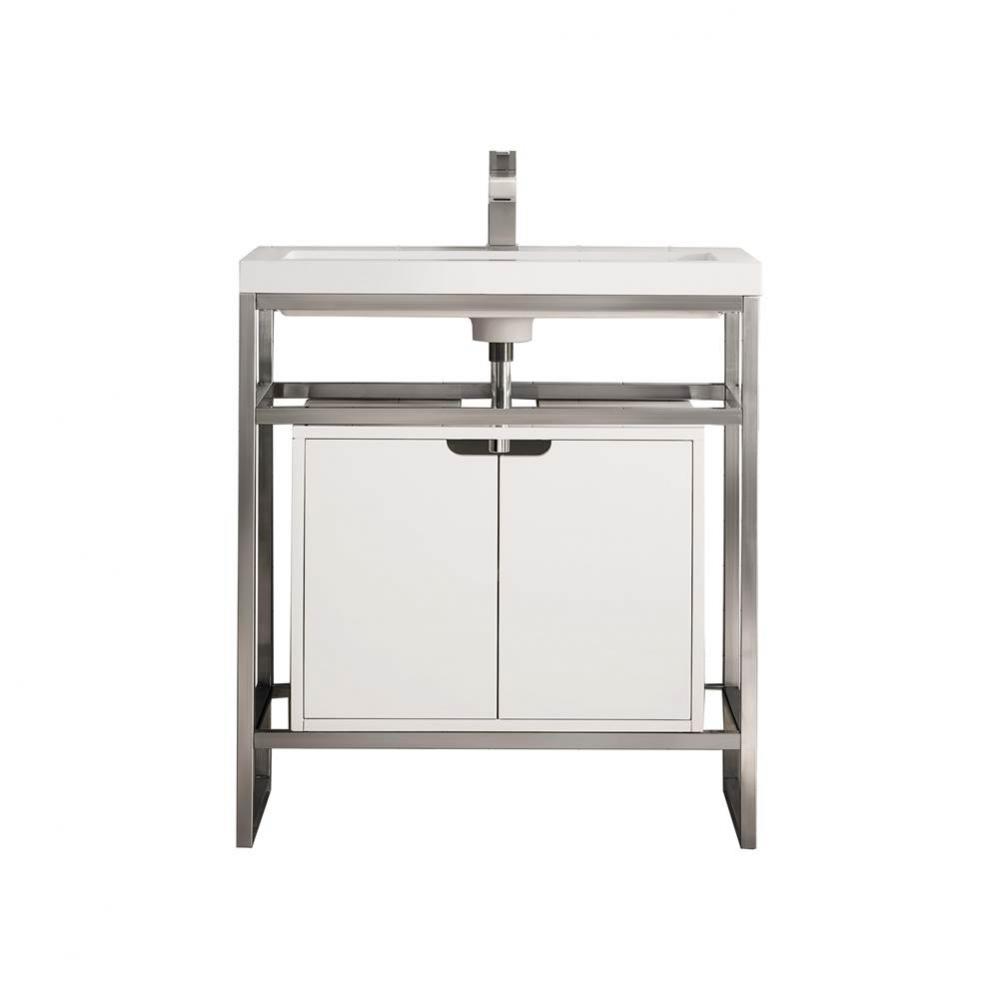 Boston 31.5&apos;&apos; Stainless Steel Sink Console, Brushed Nickel w/ Glossy White Storage Cabin