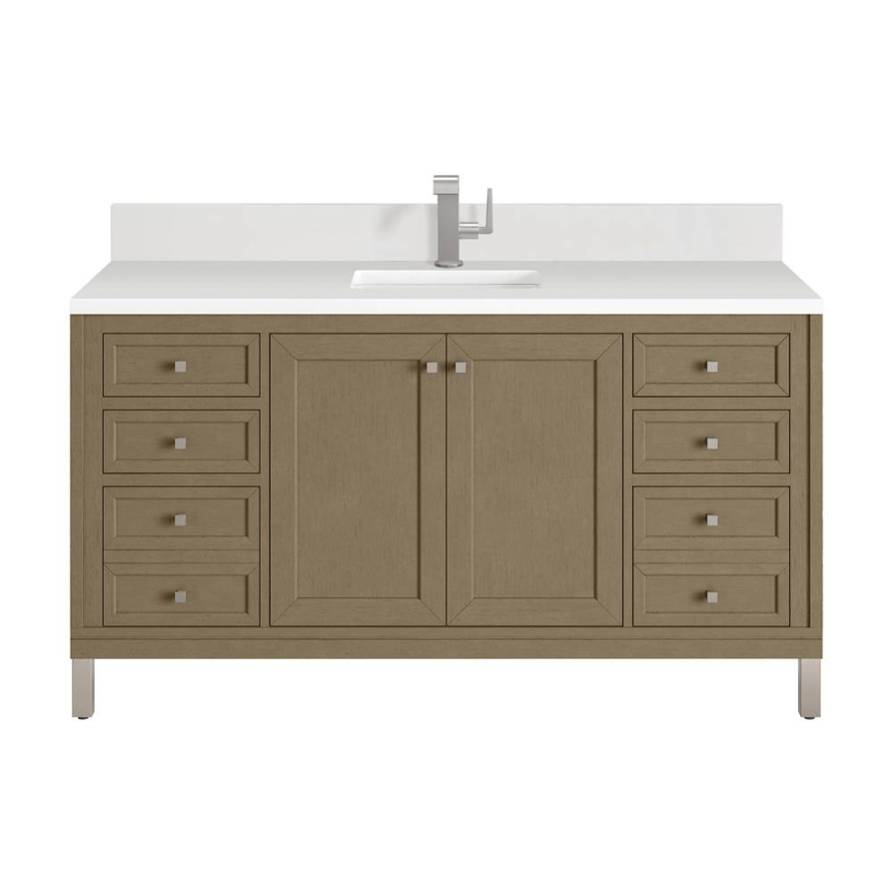 Chicago 60&apos;&apos; Single Vanity, Walnut Whisper, w/ Single Hole 3CM White Zeus Silestone&#xae