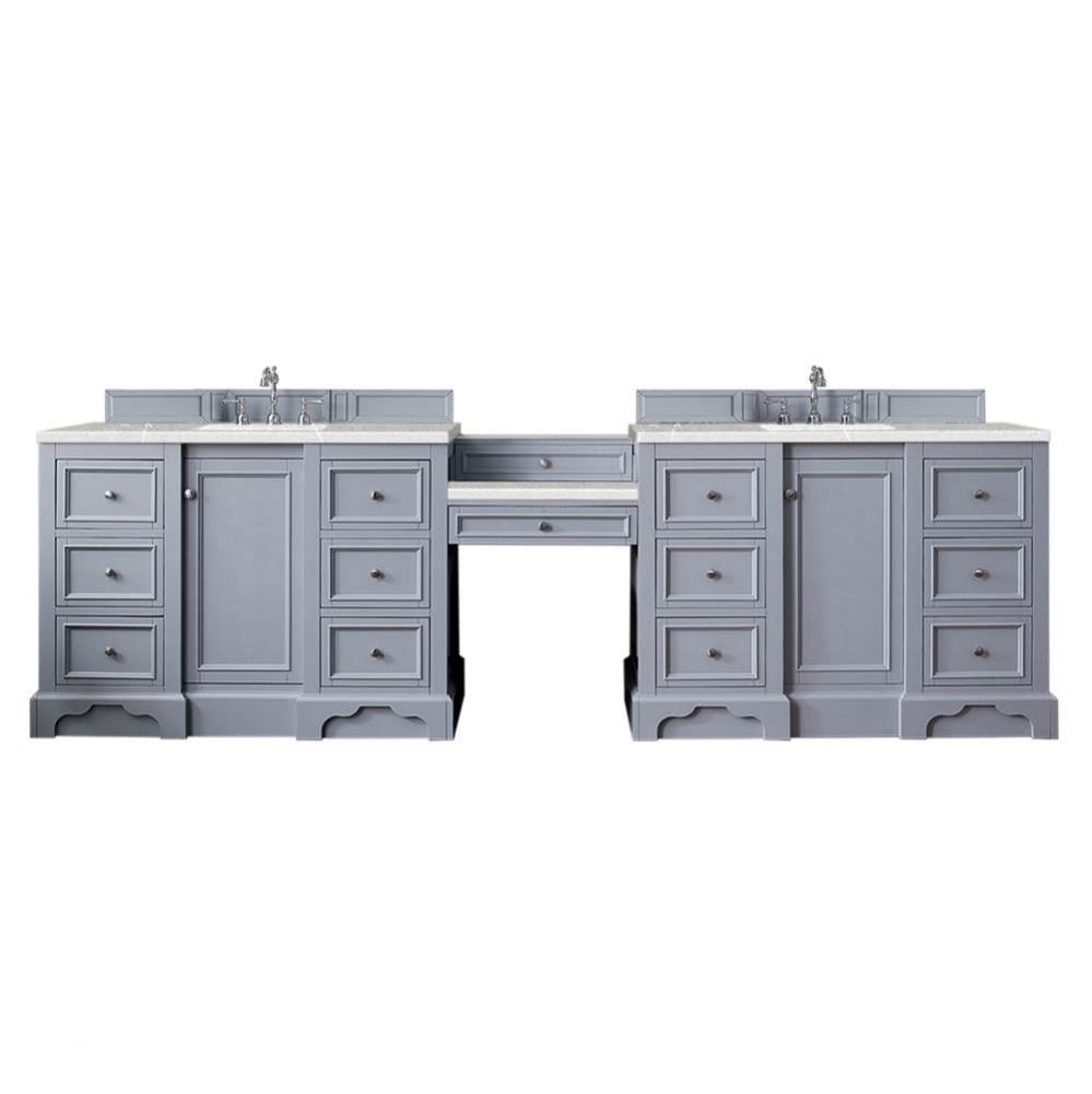 De Soto 118&apos;&apos; Double Vanity Set, Silver Gray w/ Makeup Table, 3 CM Eternal Serena Quartz