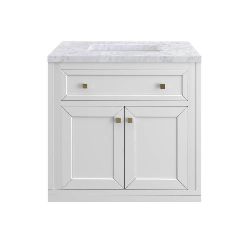 Chicago 30&apos;&apos; Single Vanity, Glossy White, w/ 3 CM Carrara Marble Top