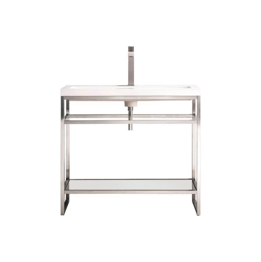 Boston 39.5&apos;&apos; Stainless Steel Sink Console, Brushed Nickel w/ White Glossy Composite Cou