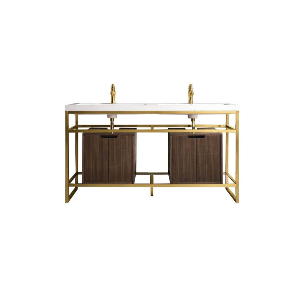 Boston 63&apos;&apos; Stainless Steel Sink Console (Double Basins), Radiant Gold w/ Mid Century Wa