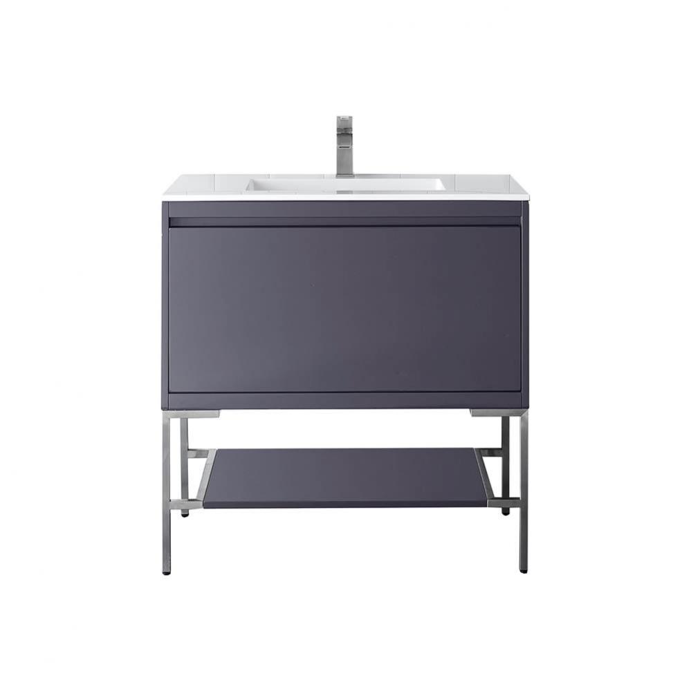 Milan 35.4&apos;&apos; Single Vanity Cabinet, Modern Grey Glossy, Brushed Nickel w/Glossy White Co