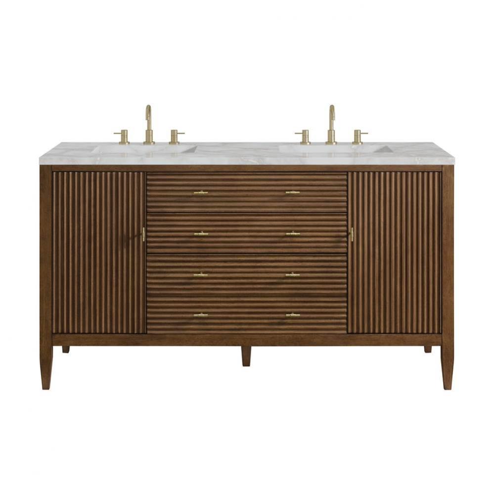 Myrrin 60&apos;&apos; Double Vanity, Mid Century Walnut w/ 3 CM Victorian Silver Quartz Top