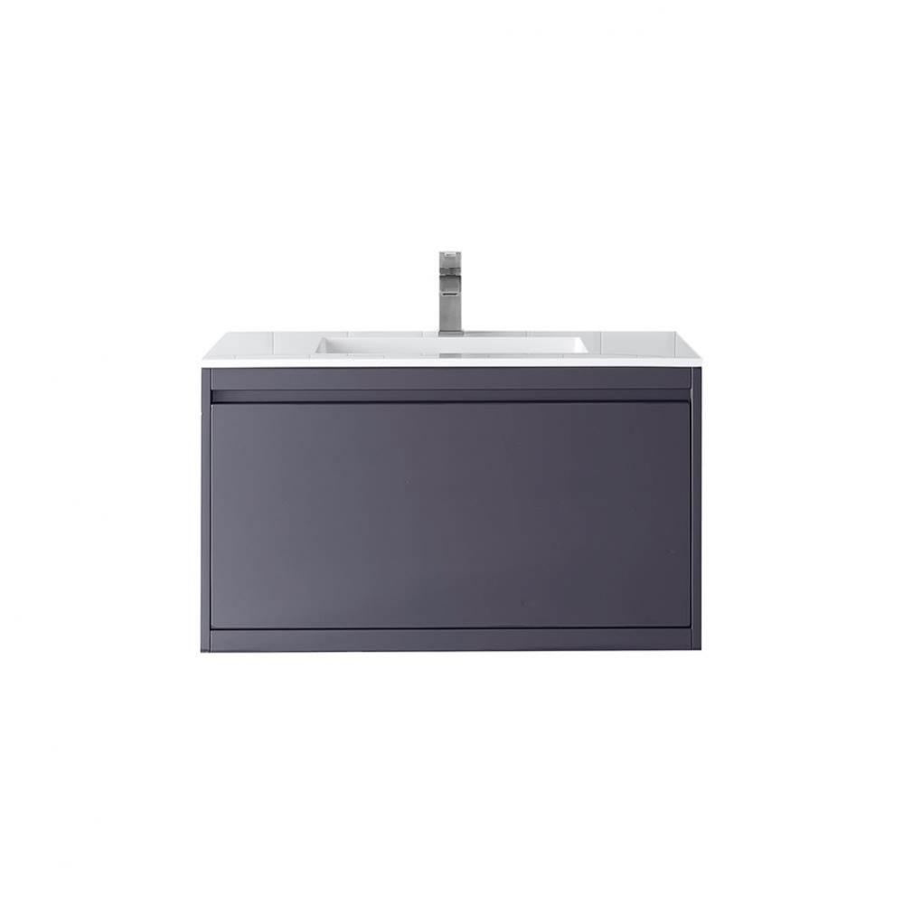 Milan 35.4&apos;&apos; Single Vanity Cabinet, Modern Grey Glossy w/Glossy White Composite Top