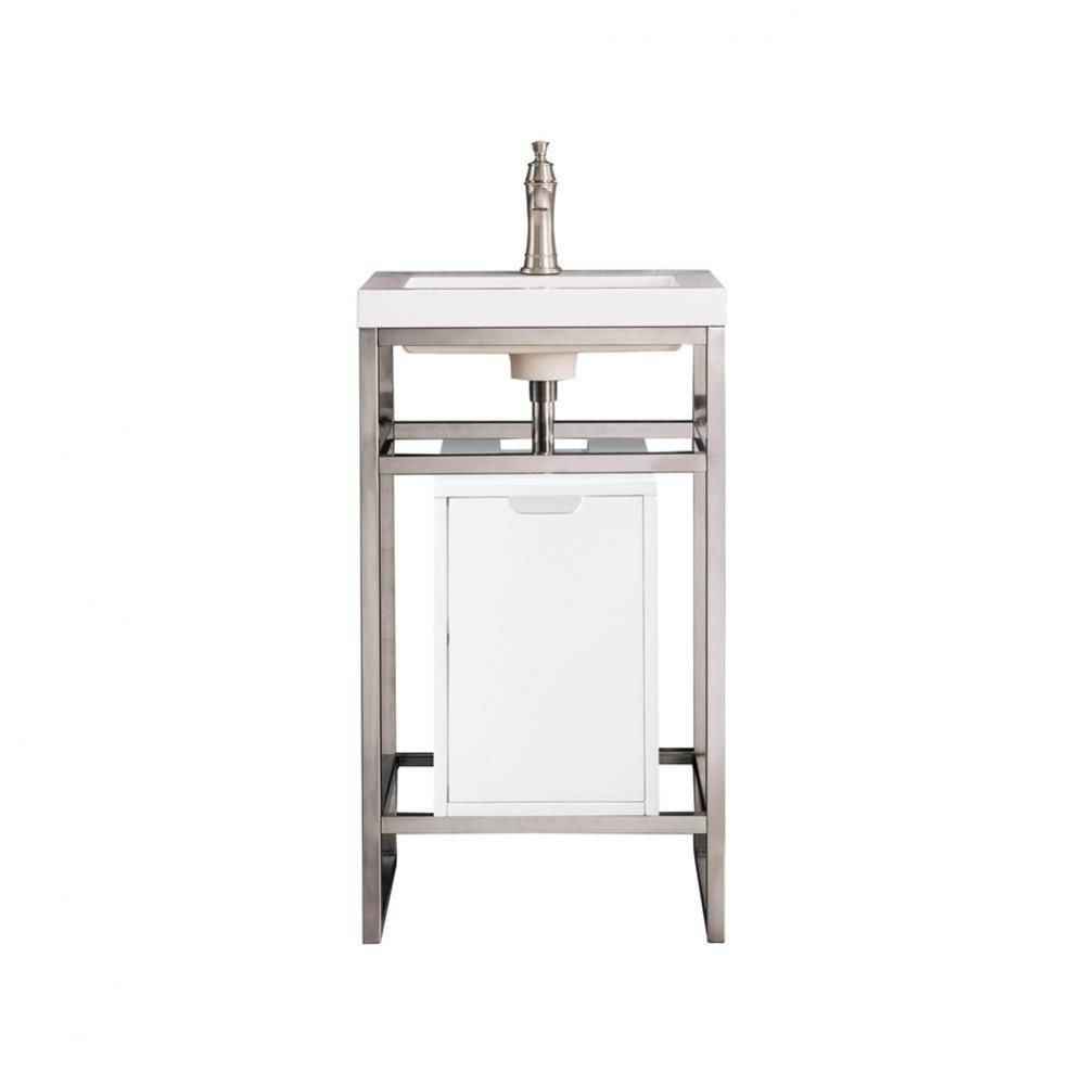Boston 20&apos;&apos; Stainless Steel Sink Console, Brushed Nickel w/ Glossy White Storage Cabinet