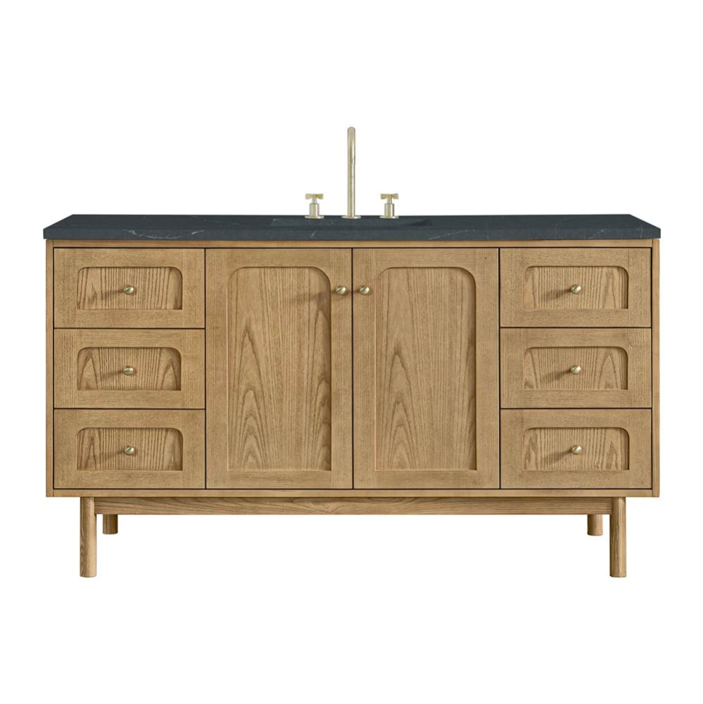 Laurent 60&apos;&apos; Single Vanity, Light Natural Oak, w/ 3 CM Charcoal Soapstone Quartz Top