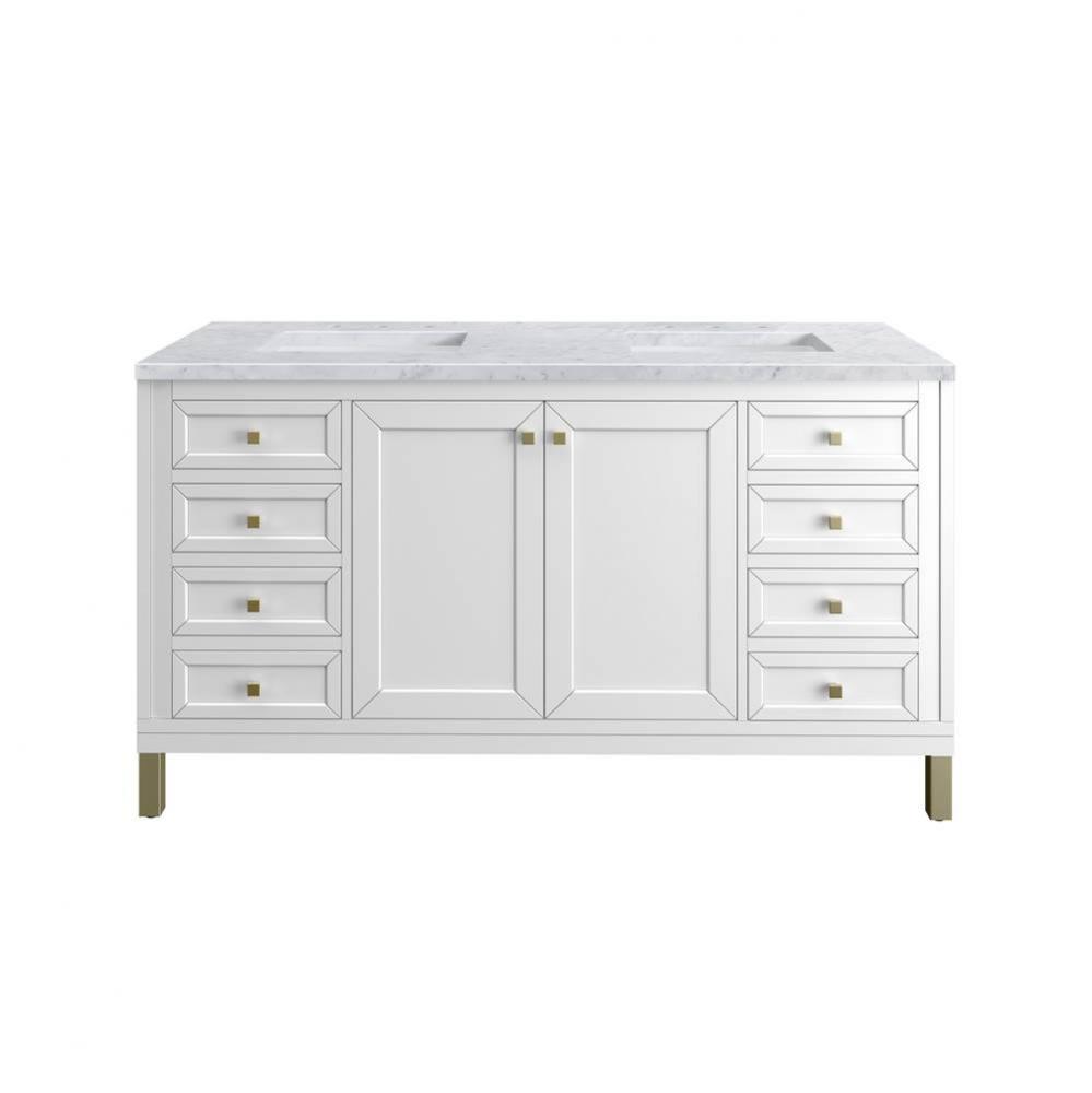 Chicago 60&apos;&apos; Double Vanity, Glossy White, w/ 3 CM Carrara Marble Top