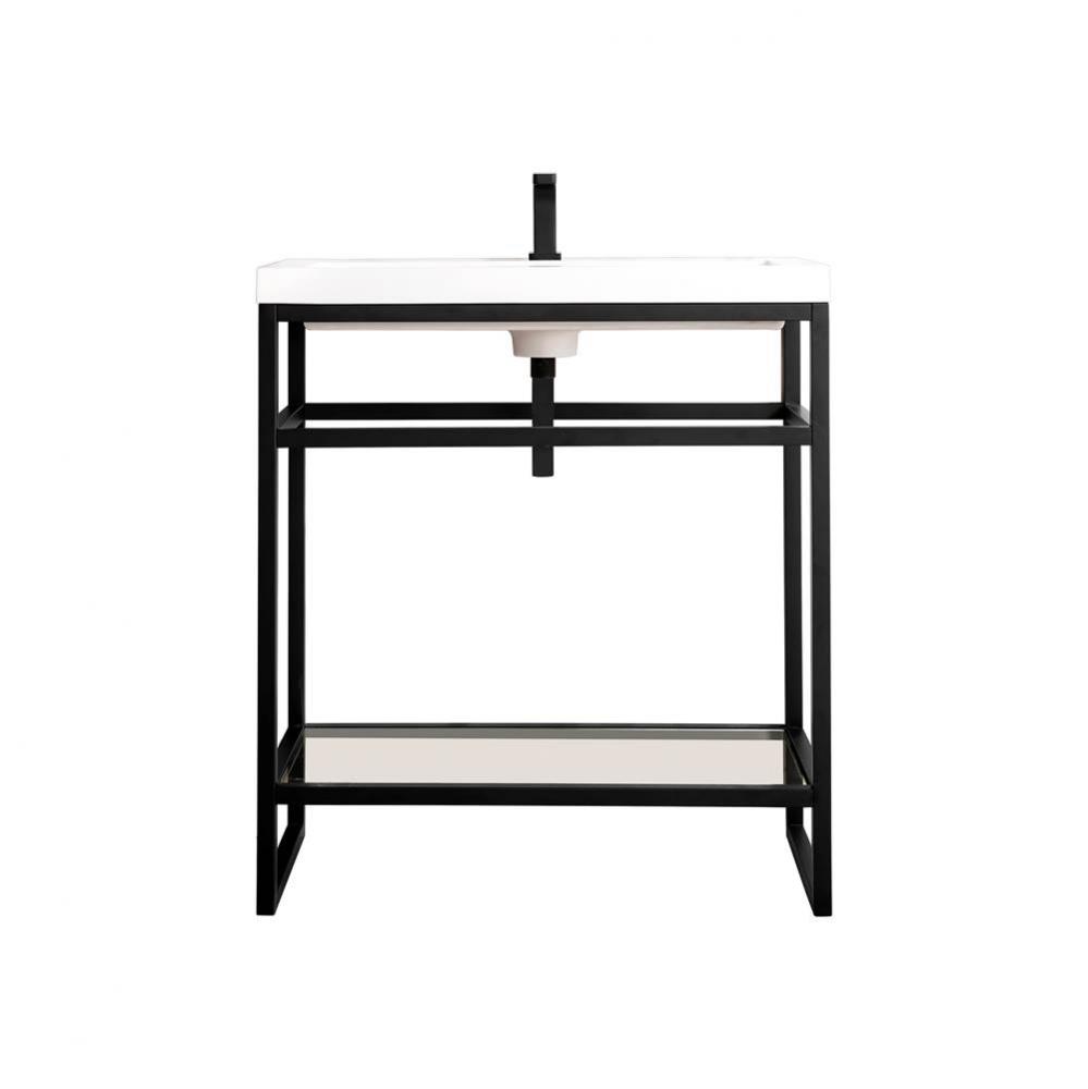 Boston 31.5&apos;&apos; Stainless Steel Sink Console, Matte Black w/ White Glossy Composite Counte