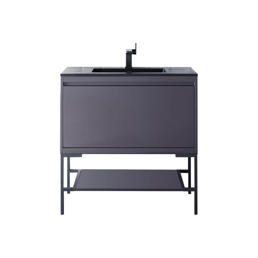 Milan 35.4&apos;&apos; Single Vanity Cabinet, Modern Grey Glossy, Matte Black w/Charcoal Black Com