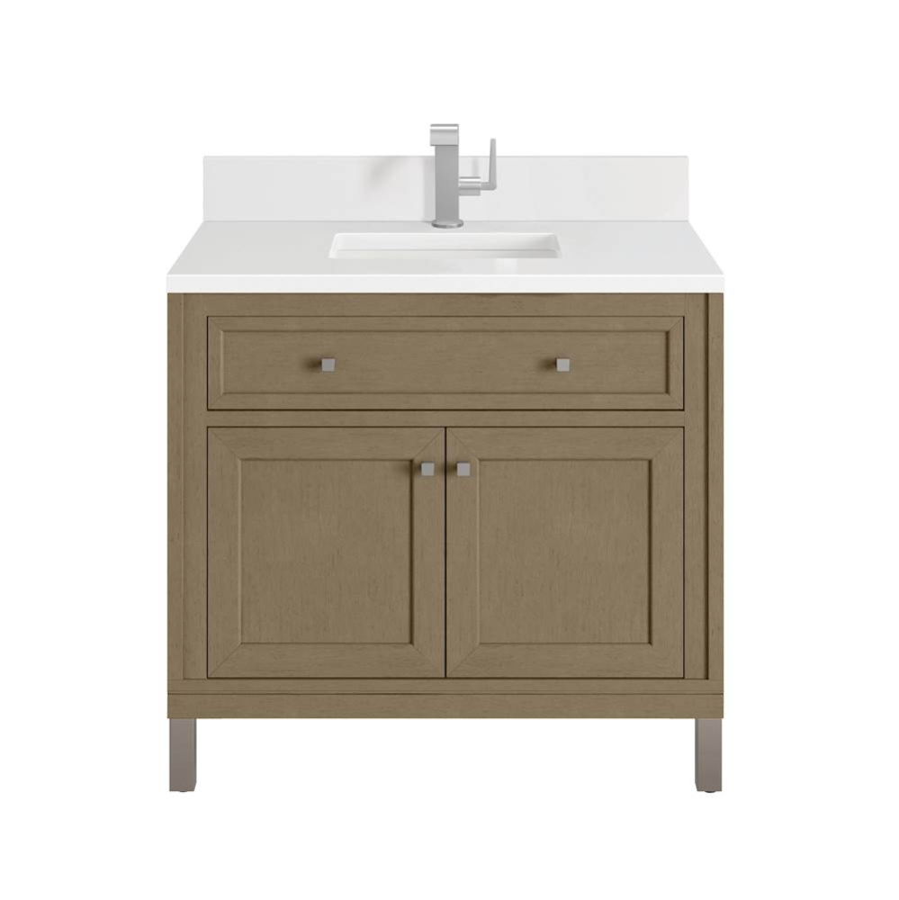 Chicago 36&apos;&apos; Single Vanity, Walnut Whisper, w/ Single Hole 3CM White Zeus Silestone&#xae
