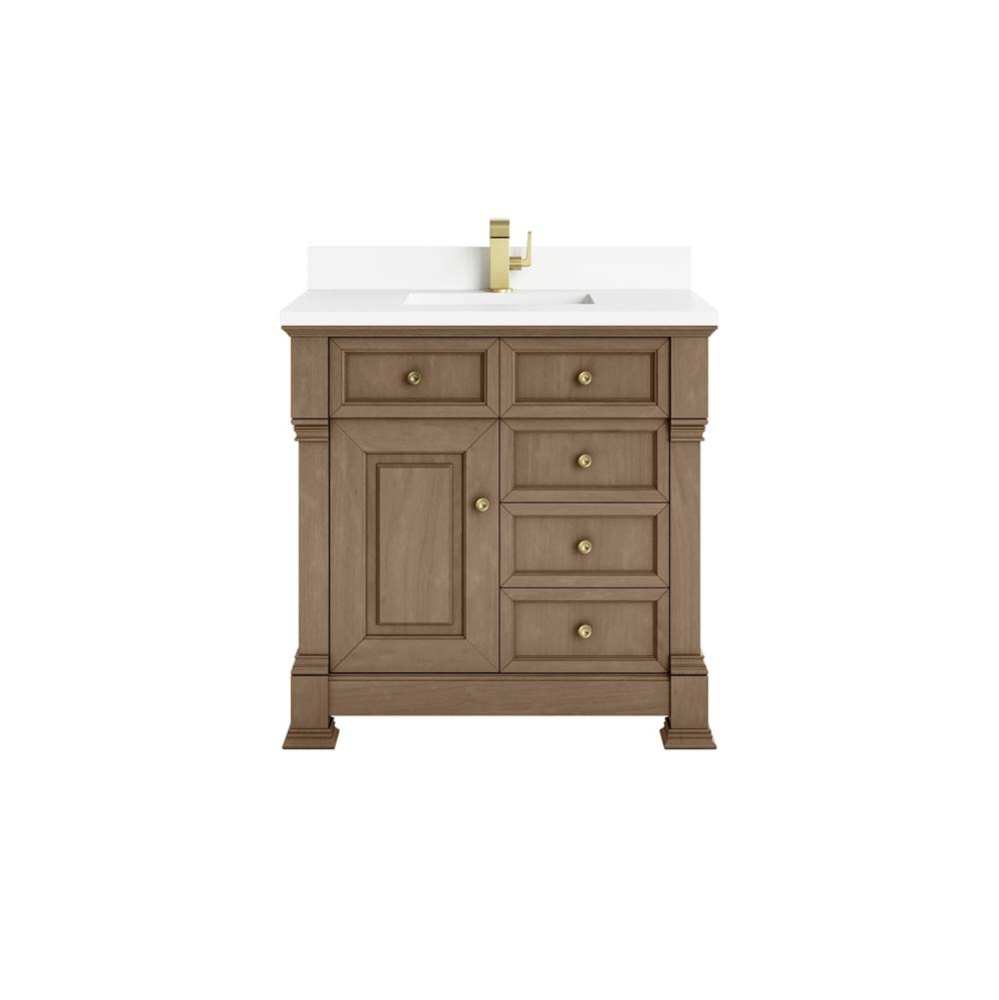 Brookfield 36&apos;&apos; Single Vanity, Pecan w/ Single Hole 3CM White Zeus Silestone&#xae; Top &