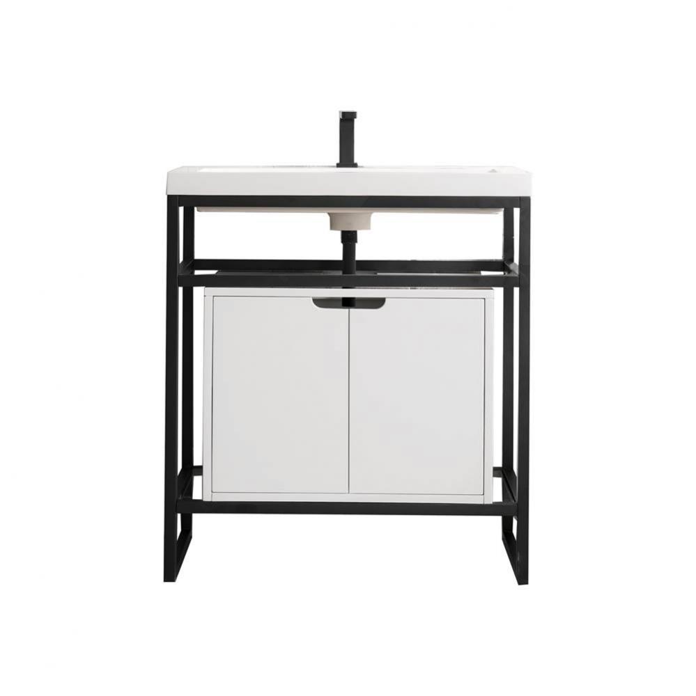 Boston 31.5&apos;&apos; Stainless Steel Sink Console, Matte Black w/ Glossy White Storage Cabinet,