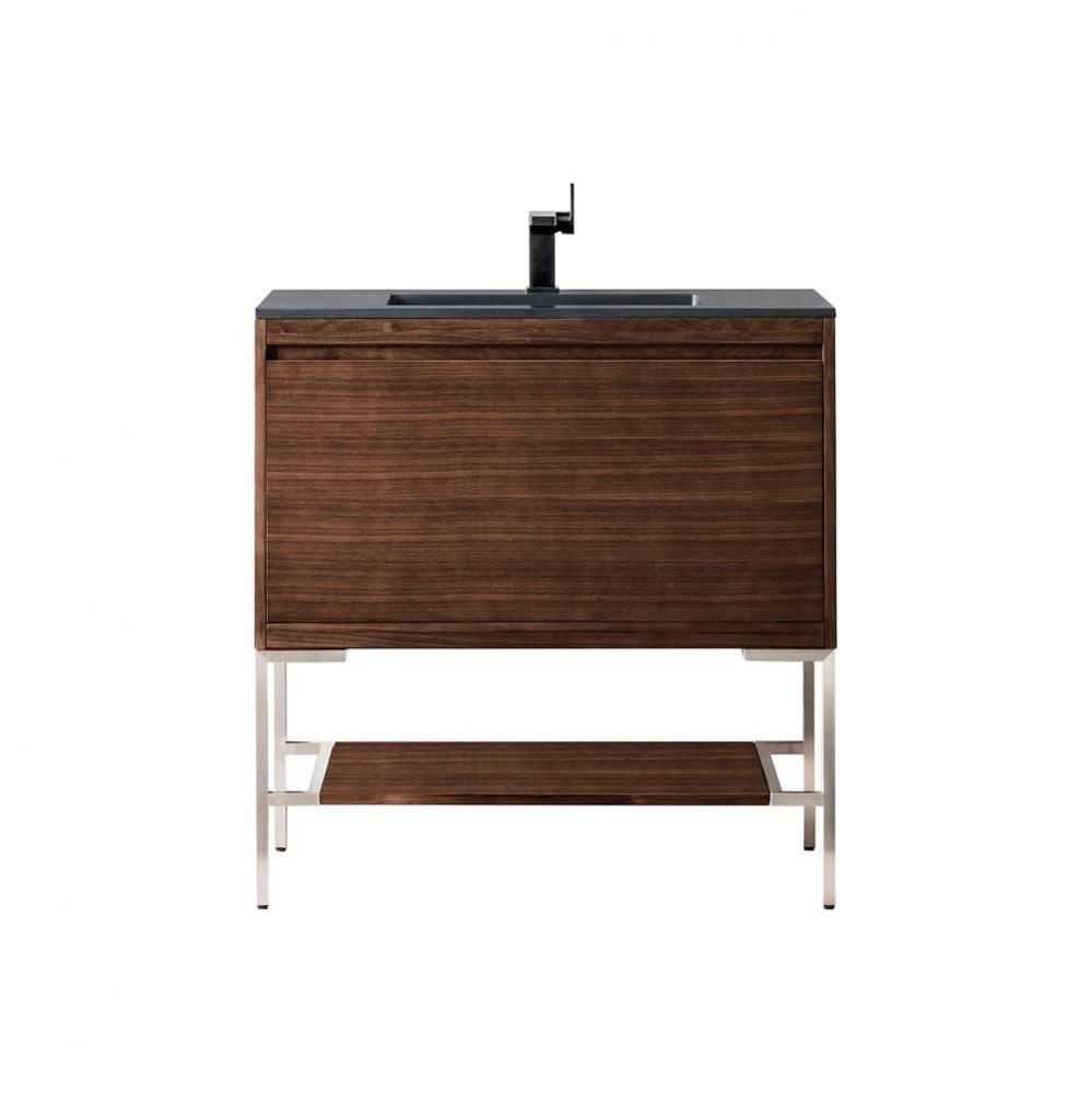 Milan 35.4&apos;&apos; Single Vanity Cabinet, Mid Century Walnut, Brushed Nickel w/Charcoal Black