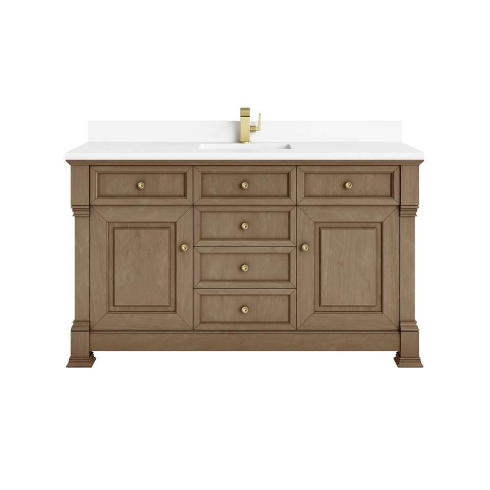 Brookfield 60&apos;&apos; Single Vanity, Pecan w/ Single Hole 3CM White Zeus Silestone&#xae; Top &