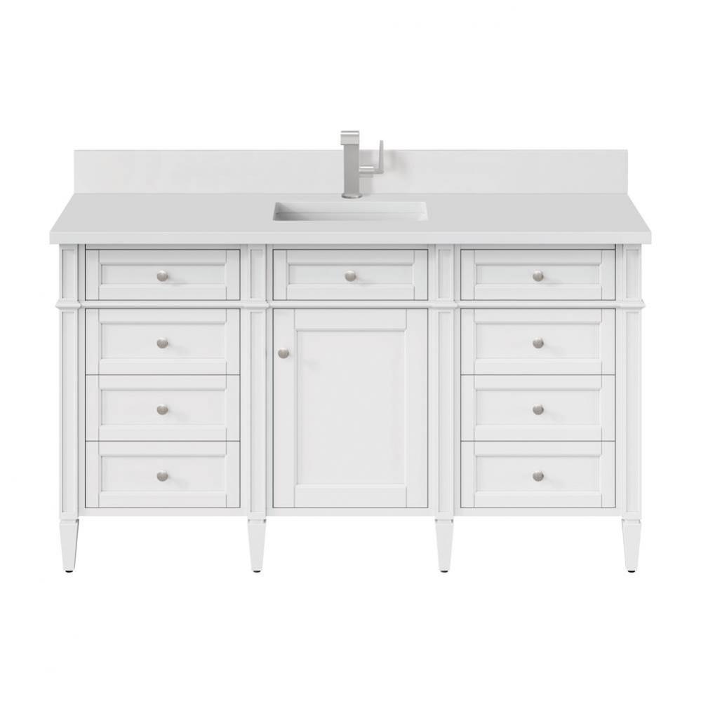 Brittany 60&apos;&apos; Single Vanity, Bright White w/ Single Hole 3 CM White Zeus Quartz Top &amp