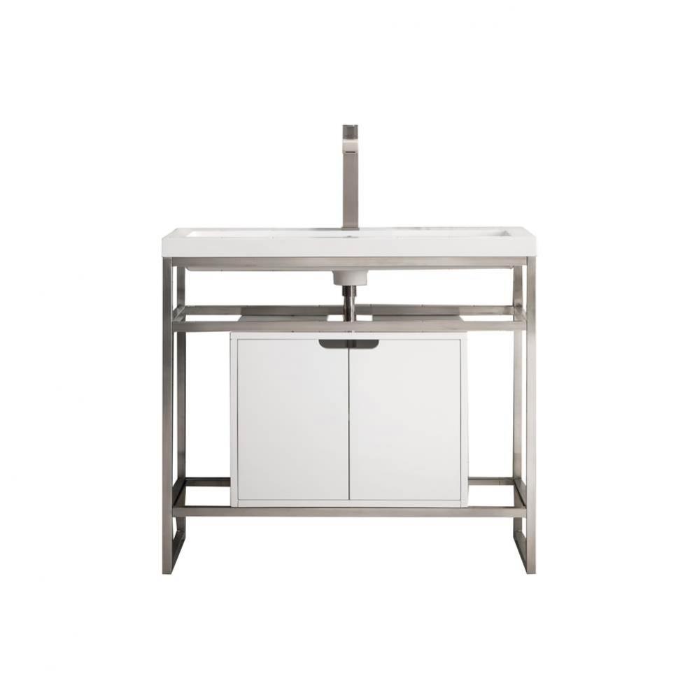 Boston 39.5&apos;&apos; Stainless Steel Sink Console, Brushed Nickel w/ Glossy White Storage Cabin