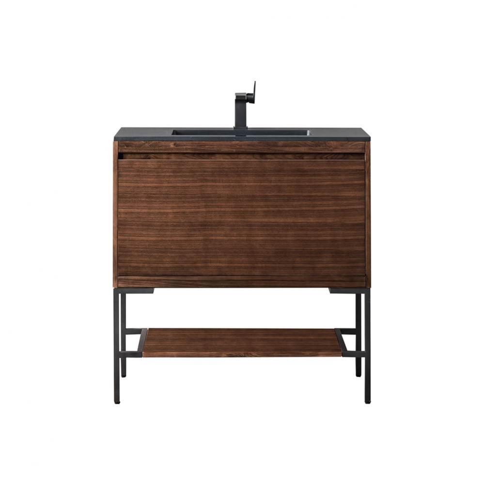 Milan 35.4&apos;&apos; Single Vanity Cabinet, Mid Century Walnut, Matte Black w/Charcoal Black Com