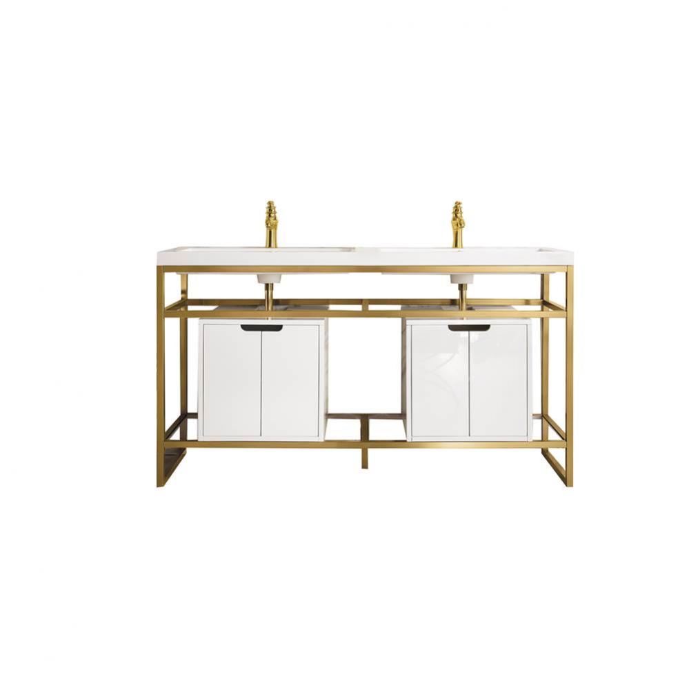 Boston 63&apos;&apos; Stainless Steel Sink Console (Double Basins), Radiant Gold w/ Glossy White S