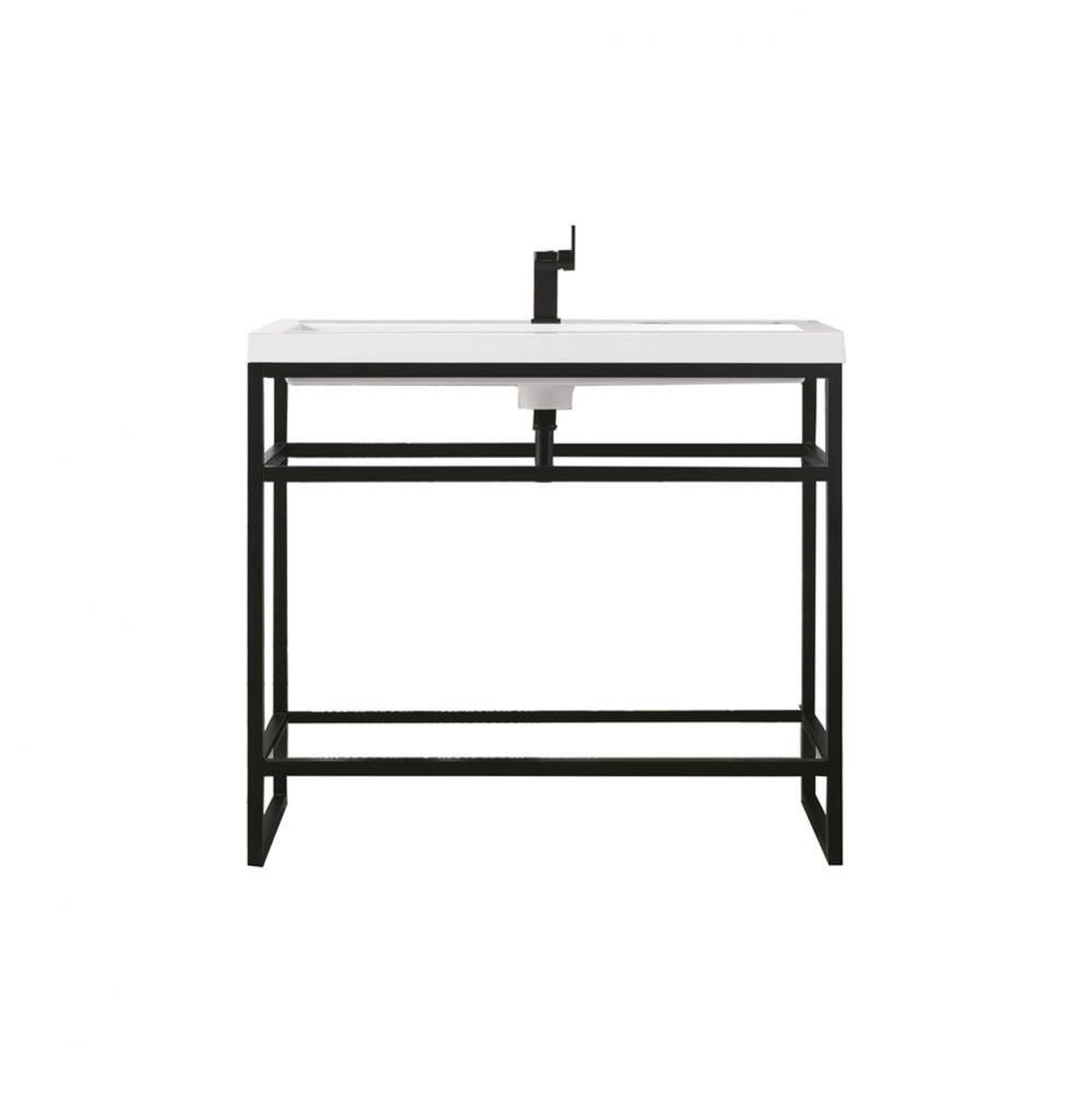 Boston 39.5&apos;&apos; Stainless Steel Sink Console, Matte Black w/ White Glossy Composite Counte