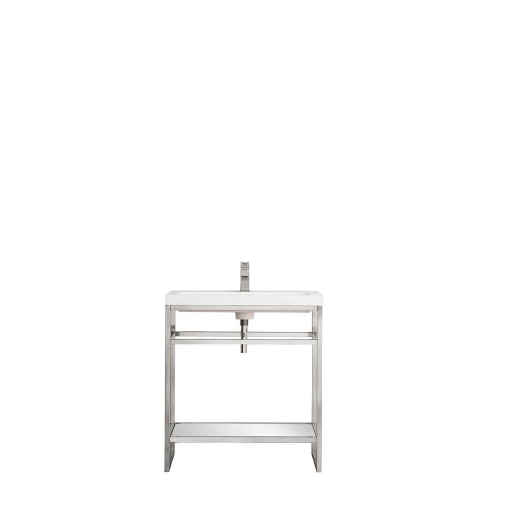 Boston 31.5&apos;&apos; Stainless Steel Sink Console, Brushed Nickel w/ White Glossy Composite Cou