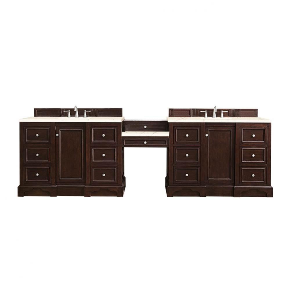 De Soto 118&apos;&apos; Double Vanity Set, Burnished Mahogany w/ Makeup Table, 3 CM Eternal Marfil