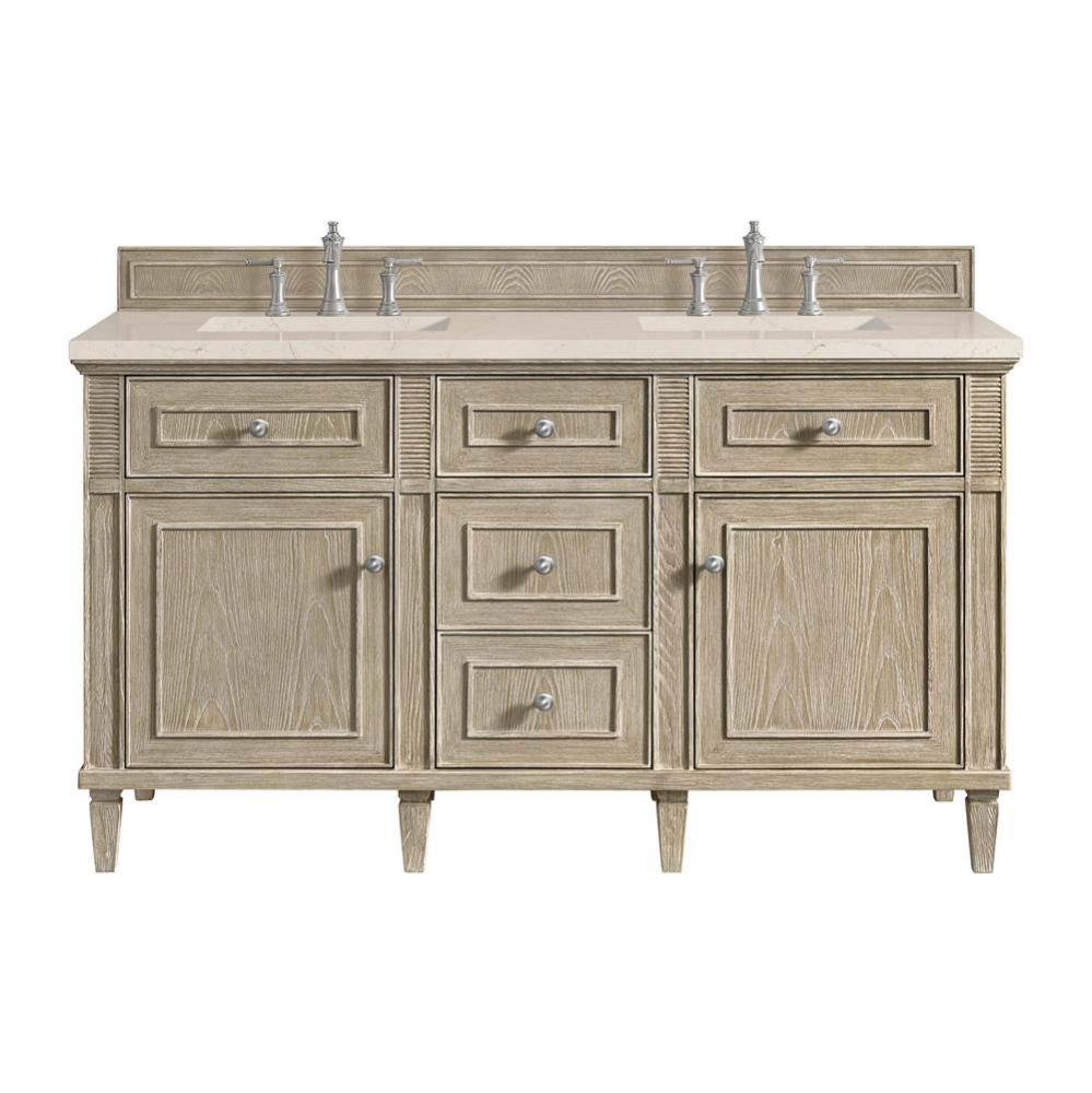 Lorelai 60&apos;&apos; Double Vanity, Whitewashed Oak w/ 3 CM Eternal Marfil Quartz Top