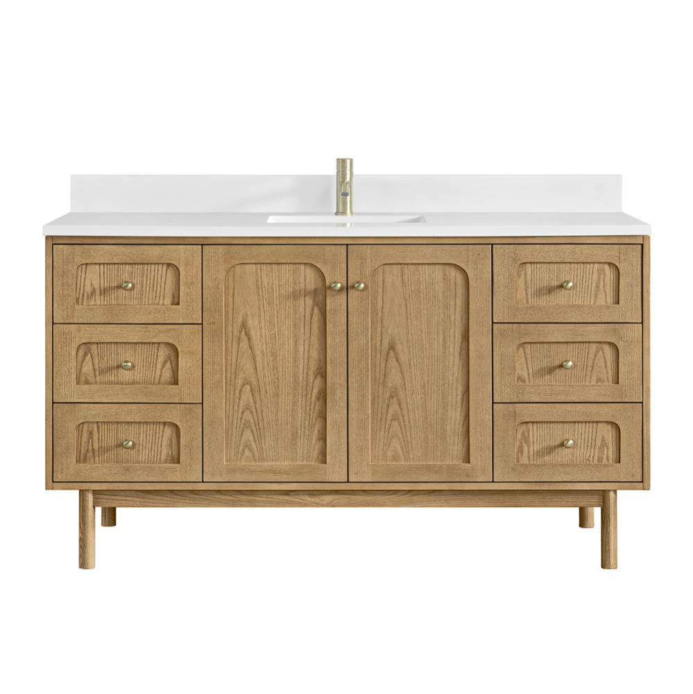 Laurent 60&apos;&apos; Single Vanity, Light Natural Oak, w/ Single Hole 3 CM White Zeus Quartz Top