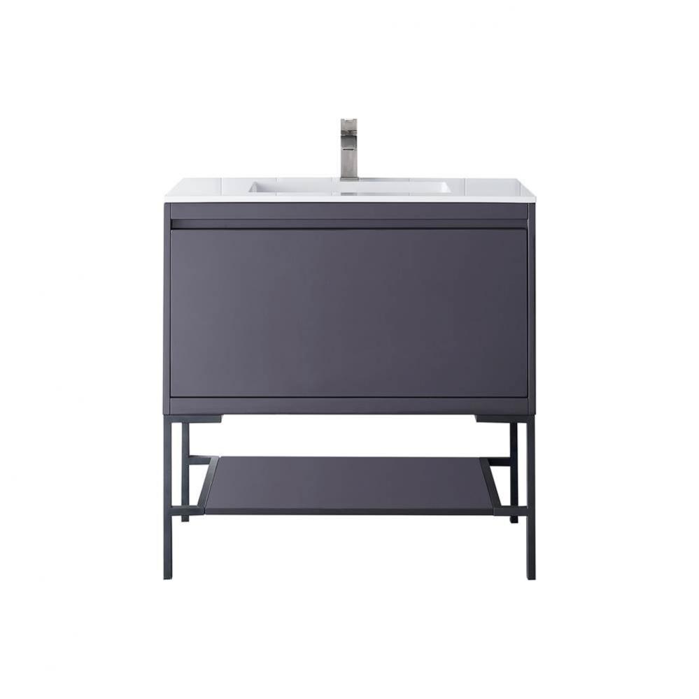 Milan 35.4&apos;&apos; Single Vanity Cabinet, Modern Grey Glossy, Matte Black w/Glossy White Compo