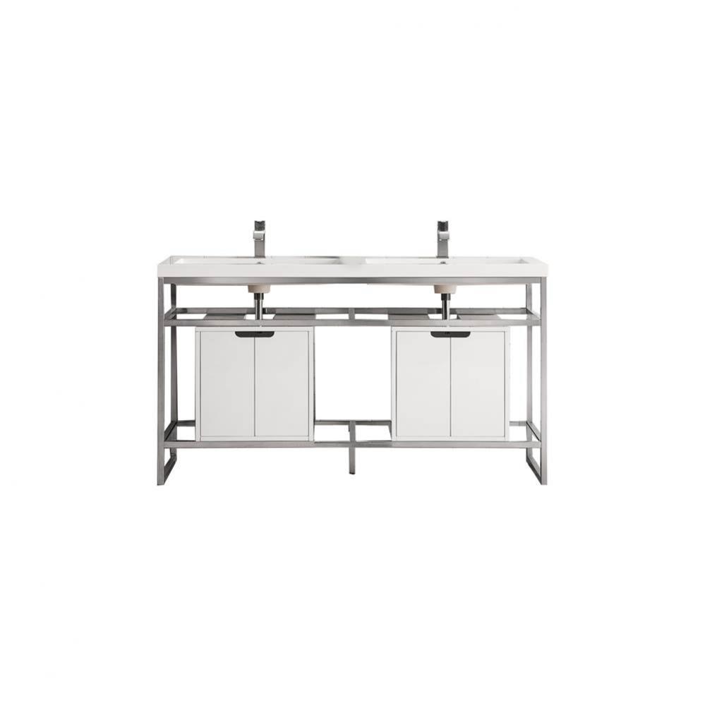 Boston 63&apos;&apos; Stainless Steel Sink Console (Double Basins), Brushed Nickel w/ Glossy White