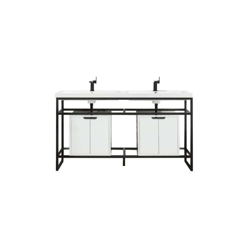 Boston 63&apos;&apos; Stainless Steel Sink Console (Double Basins), Matte Black w/ Glossy White St