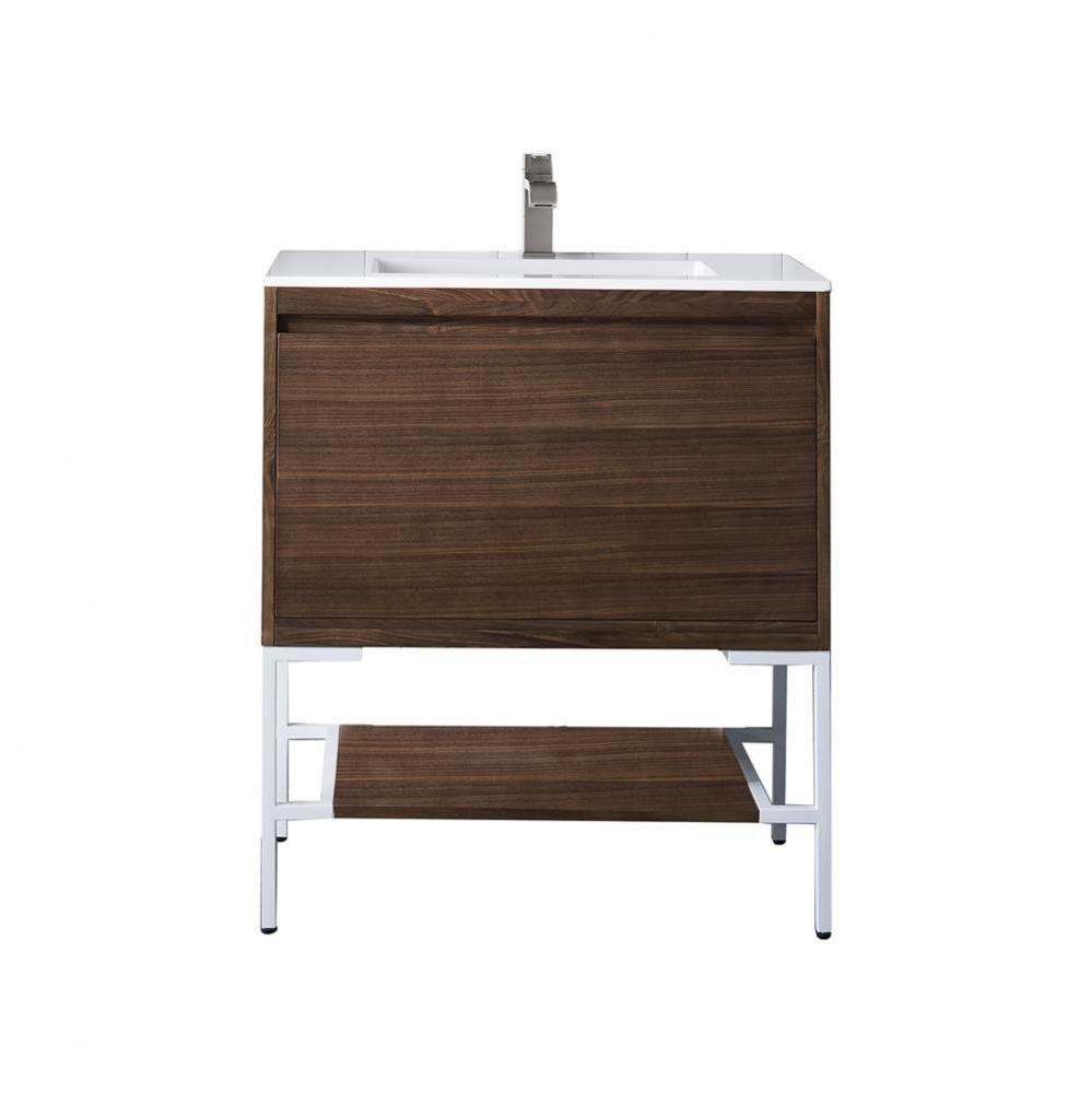 Milan 31.5&apos;&apos; Single Vanity Cabinet, Mid Century Walnut, Glossy White w/Glossy White Comp