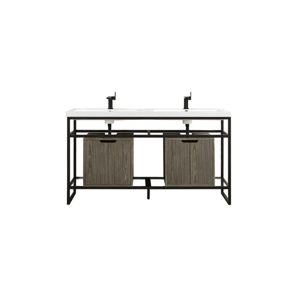 Boston 63&apos;&apos; Stainless Steel Sink Console (Double Basins), Matte Black w/ Ash Gray Storag