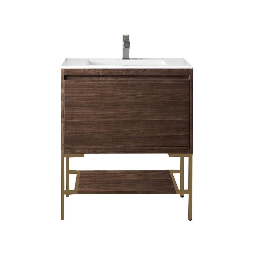 Milan 31.5&apos;&apos; Single Vanity Cabinet, Mid Century Walnut, Radiant Gold w/Glossy White Comp
