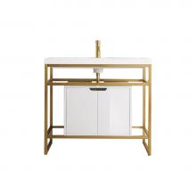 James Martin Vanities C105V39.5RGDSCGWWG - Boston 39.5'' Stainless Steel Sink Console, Radiant Gold w/ Glossy White Storage Cabinet